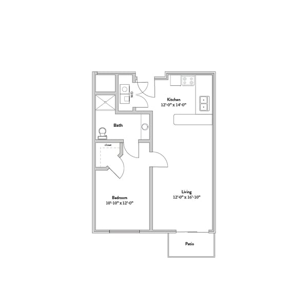 Architectural floor plan of a one-bedroom unit