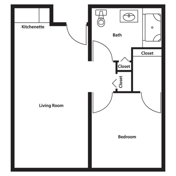 Architectural floor plan of a one-bedroom unit