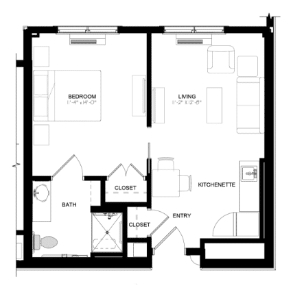 Architectural floor plan of a senior living unit