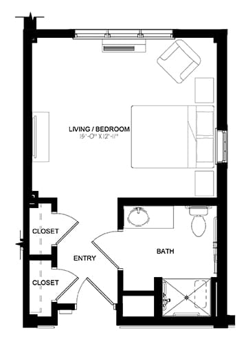 Architectural floor plan of a private resident room