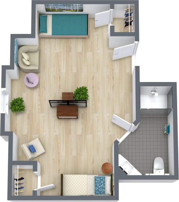Top view of a private resident room layout