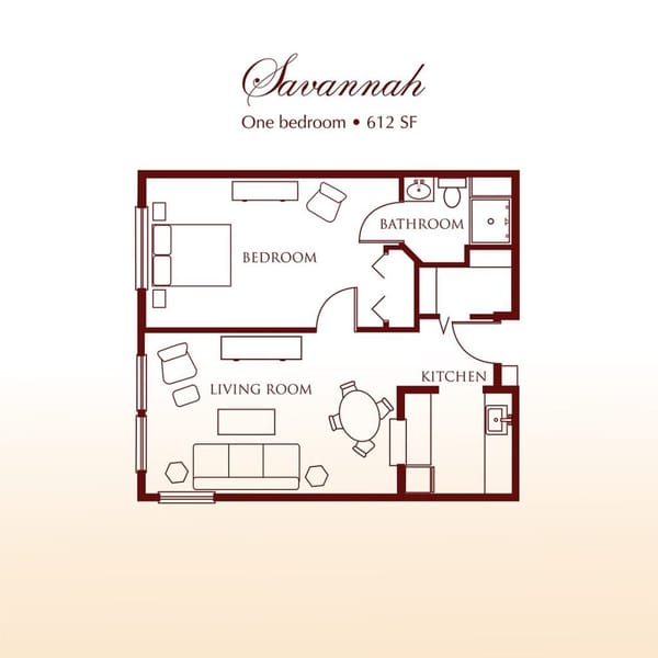 Architectural floor plan of a one-bedroom unit