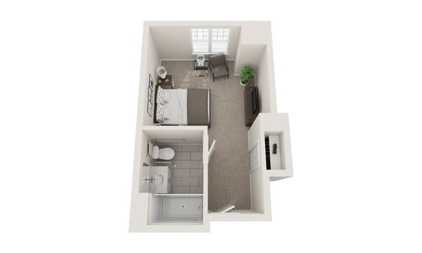 Floor plan layout of a private resident room