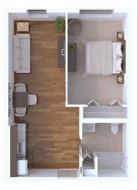 An aerial view of a small living unit layout