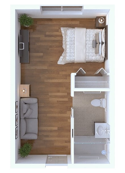 Top view of a private resident room with furniture