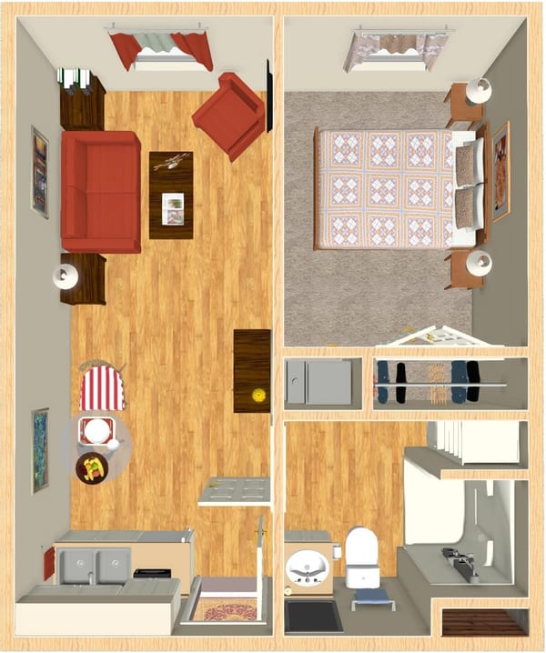 Peachtree Village of Holiday Island, assisted living in Holiday Island, AR — Layout of a senior living apartment with furniture arrangements
