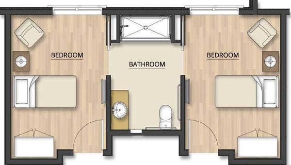 Architectural floor plan of shared resident rooms