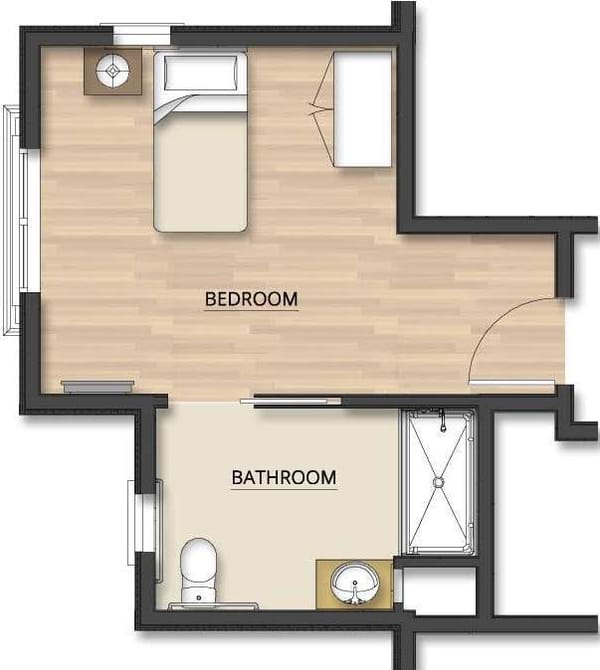 Architectural floor plan of a bedroom and bathroom