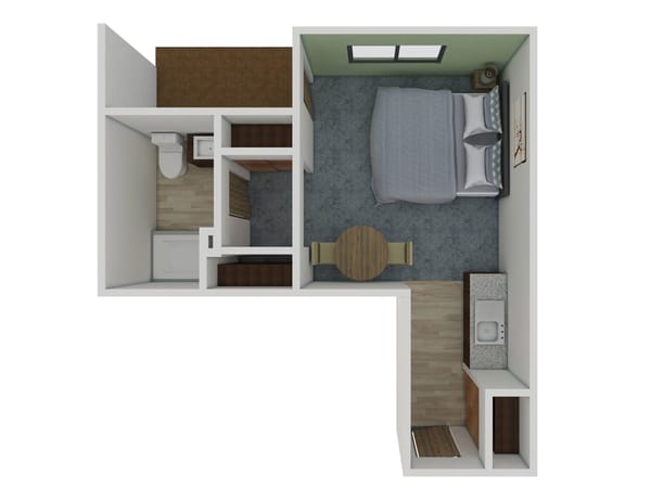 Aerial view of a facility room layout with furniture
