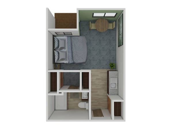 Layout of a private resident room with furniture