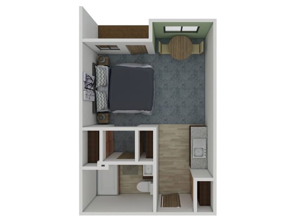 Aerial view of a small one-bedroom residence layout