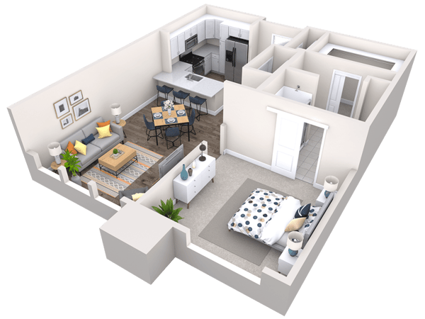 3D floor plan of a one-bedroom unit