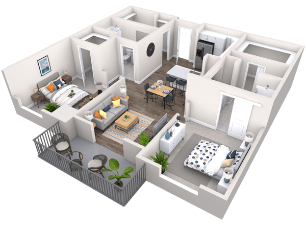 A 3D floor plan of a senior living space with rooms and common areas