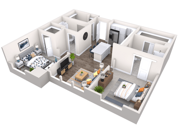 3D floor plan of a residence with two bedrooms