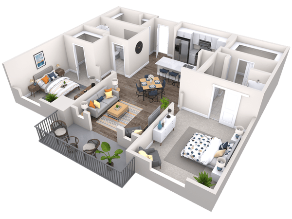 3D floor plan of a residential layout