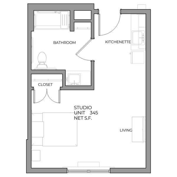 Architectural floor plan of a studio unit