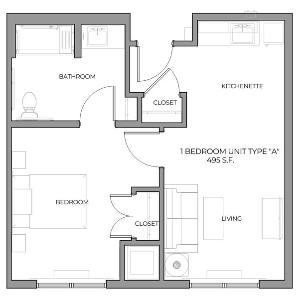 Architectural floor plan of a 1-bedroom unit