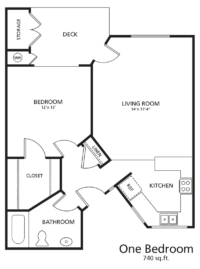 Architectural floor plan of a one-bedroom unit
