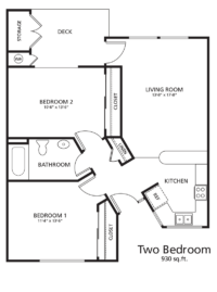 Architectural floor plan of a two-bedroom apartment