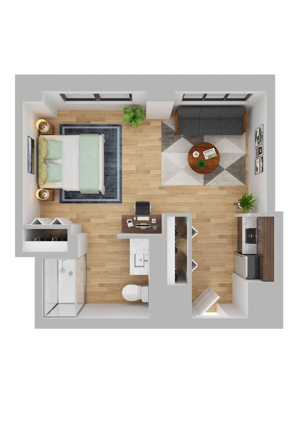Brandywine The Savoy, assisted living in Queens, NY — 1-bedroom apartment floor plan with living area and kitchenette