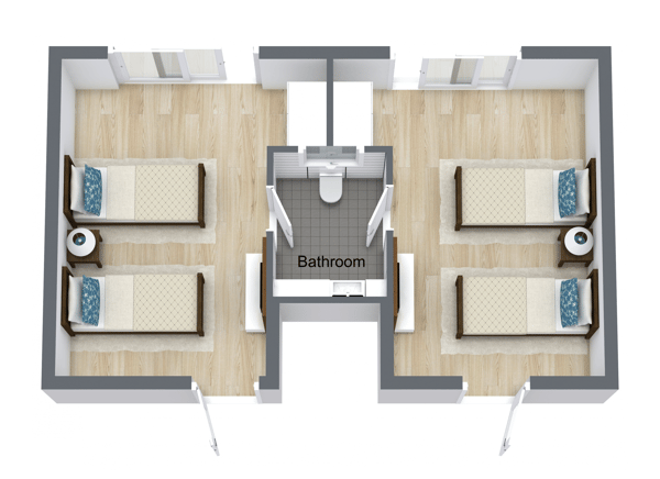 Architectural floor plan of shared resident room