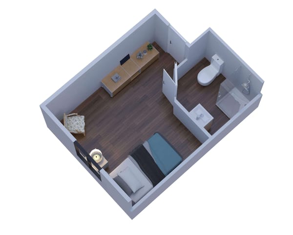 Aerial view of a room layout with furniture