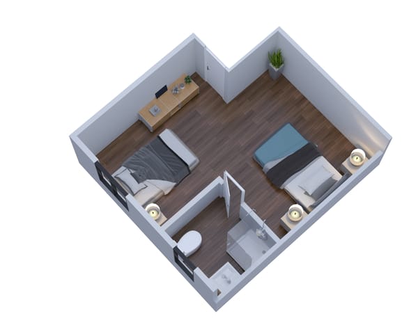 Interior layout of a twin room with beds and desk