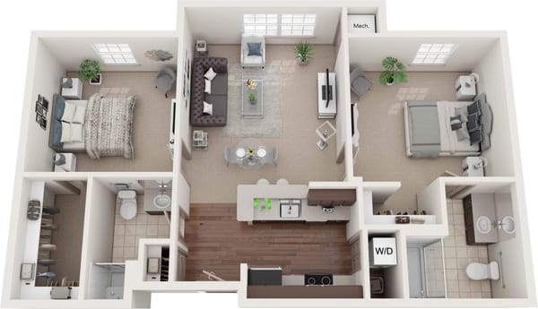 Floor plan of a two-bedroom apartment layout