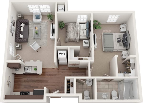 Floor plan layout of a resident unit with two bedrooms
