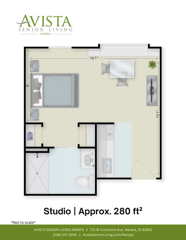 Architectural floor plan of a studio unit at AVISTA Senior Living