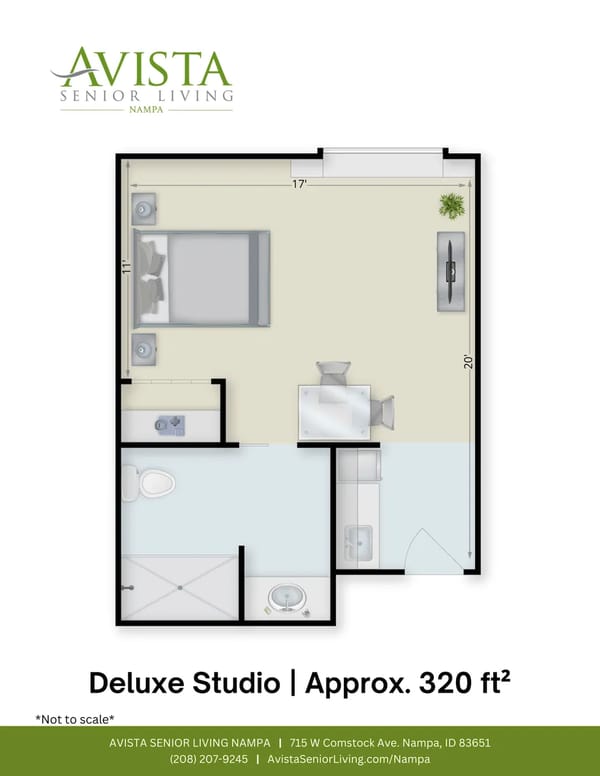 Architectural floor plan of a deluxe studio apartment