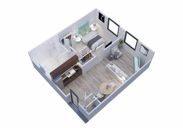 A 3D rendered interior room layout
