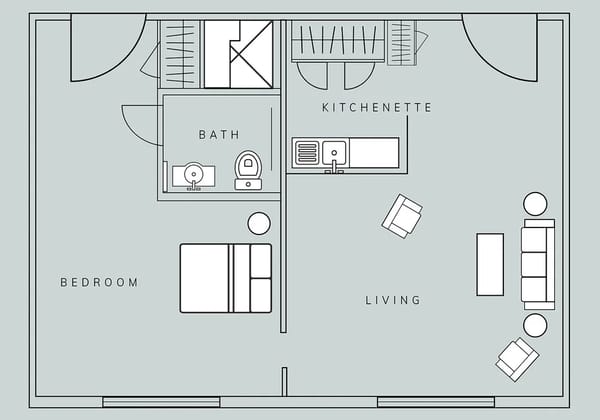 Architectural floor plan of a senior living unit