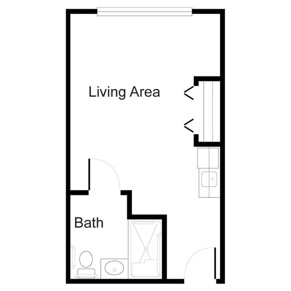 Architectural floor plan of a living area and bath