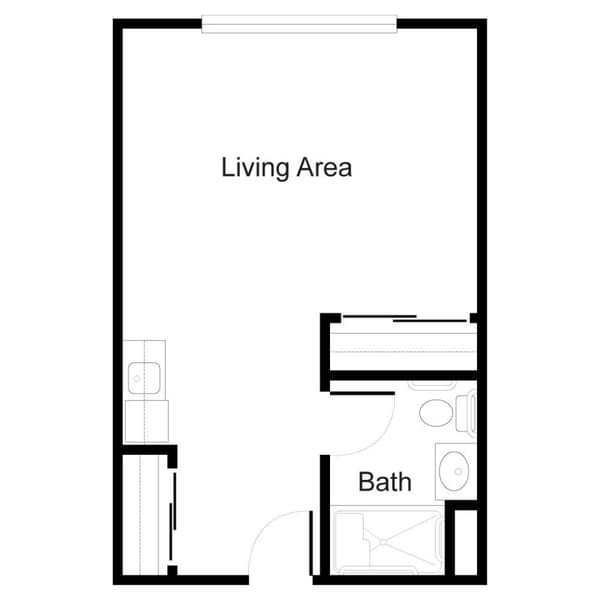 Architectural floor plan of a living area and bath