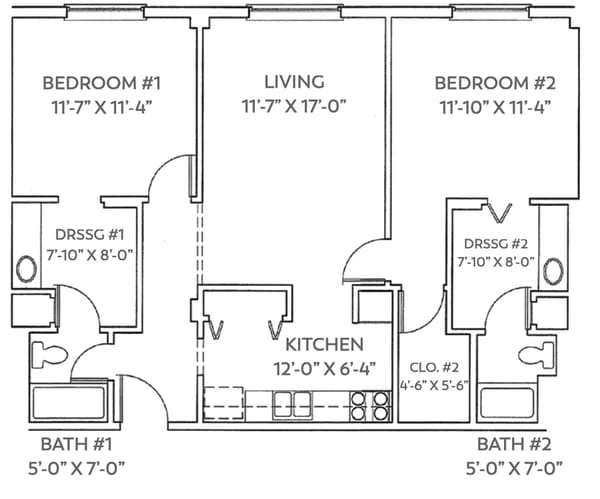Two Bedroom / 2 Bath (963 sq ft)