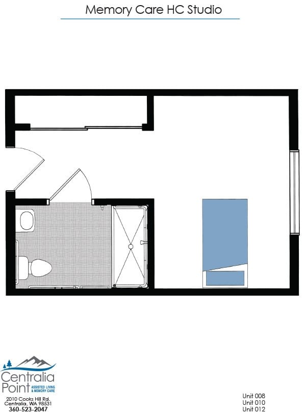Architectural floor plan of a memory care studio