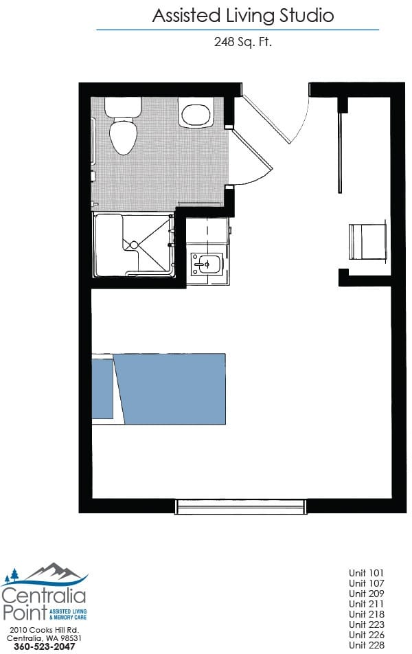 Floor plan of an assisted living studio apartment