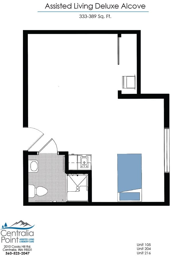 Architectural floor plan of a deluxe alcove unit