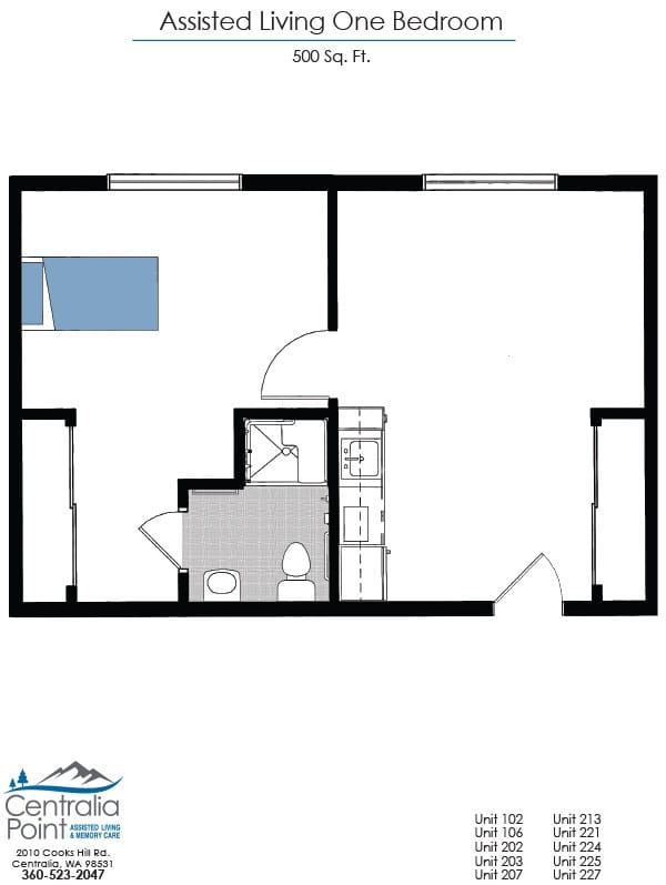Architectural floor plan of an assisted living one bedroom