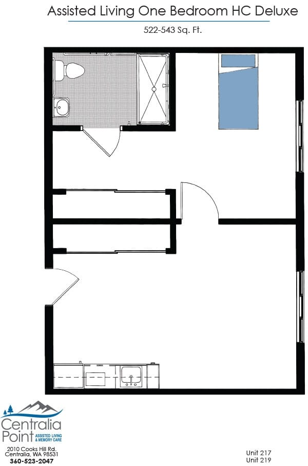 Architectural floor plan of a one-bedroom unit