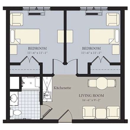 Architectural floor plan of a two-bedroom unit