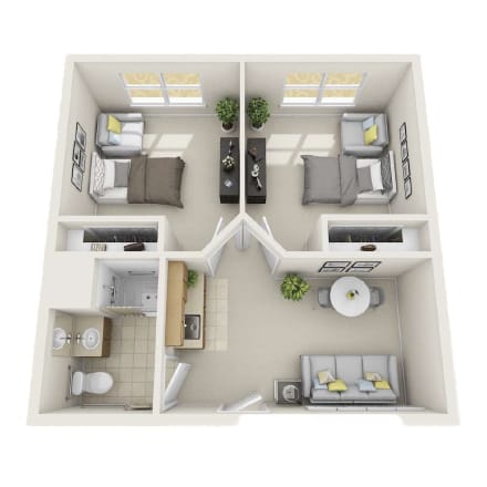 Architectural floor plan of a two-bedroom layout