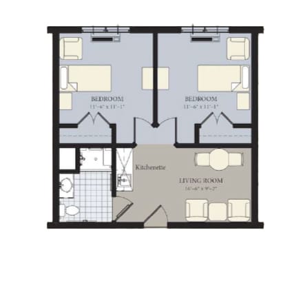 Floor plan of a living space with two bedrooms