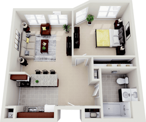 Interior layout of a one-bedroom resident unit