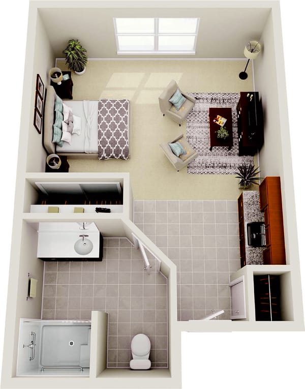 Layout of a private resident room with living area and bathroom