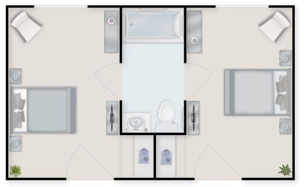 Architectural floor plan of a shared resident unit