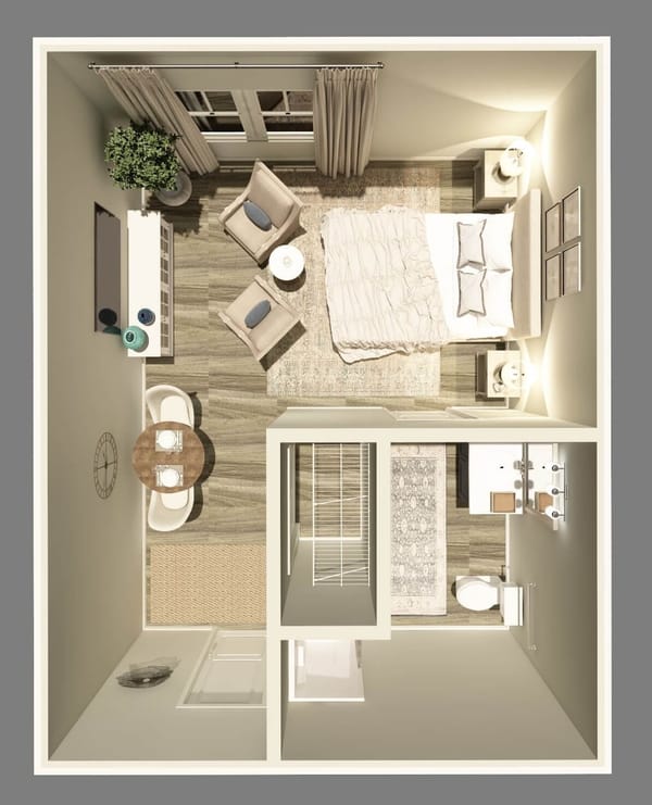 Top view of a cozy resident room layout