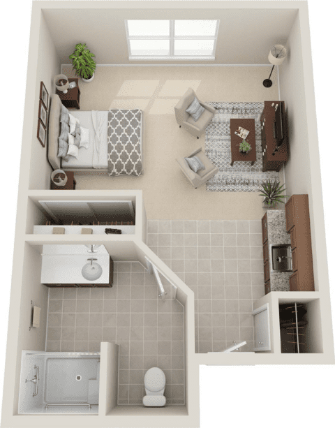 Top-down view of a private resident room layout