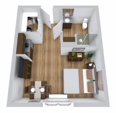 A well-furnished private resident room layout